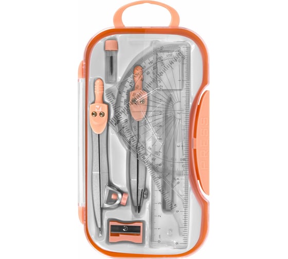 Готовальня SCHOOL KIT 11 предметов циркуль 115мм, чертежные принадлежности, персик, BRAUBERG 210717