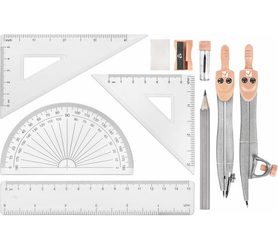Готовальня SCHOOL KIT 11 предметов циркуль 115мм, чертежные принадлежности, персик, BRAUBERG 210717