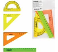 Чертежный набор ПИФАГОР малый, линейка, 16 см, 2 треугольника, транспортир, непрозрачный, неоновый, пакет 210624