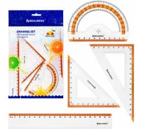 Чертежный набор BRAUBERG FRESH ZONE средний, линейка 20 см, 2 треугольника, транспортир, оранжевая шкала 210763