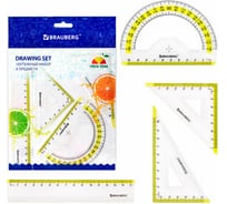 Чертежный набор BRAUBERG FRESH ZONE малый, линейка 15 см, 2 треугольника, транспортир, желтая шкала 210762
