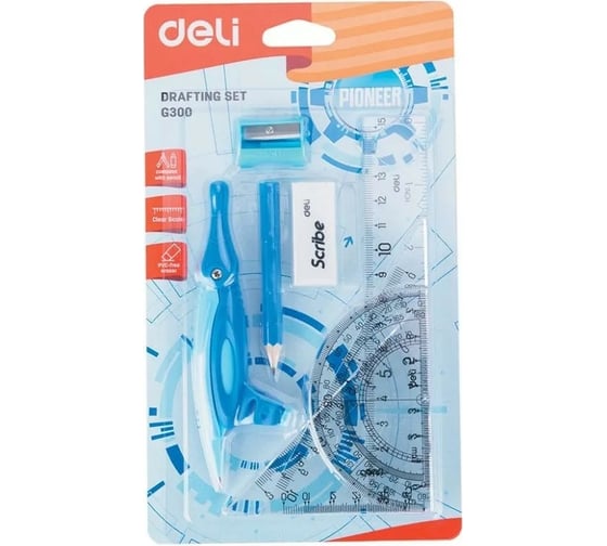 Набор для чертежей DELI EG30001 пластик в комплекте линейка, транспортир, 2 угольника, карандаш, ластик, точилка, 24 упак 1025318 1