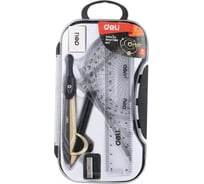 Циркуль DELI EG30404 корпус ассорти металл, в комплекте линейка, транспортир, 2 угольника, карандаш, ластик, 12 упак 1028974
