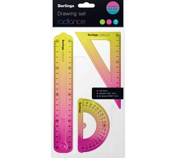 Чертежный набор Berlingo radiance средний, треугольник 14 см, линейка 20 см, транспортир гибкий, желтый/розовый градиент RS_10320 1
