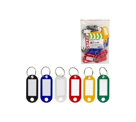 Бирки для ключей STAFF КОМПЛЕКТ 50 шт, длина 50 мм, инфо-окно 30х15 мм, АССОРТИ 237489