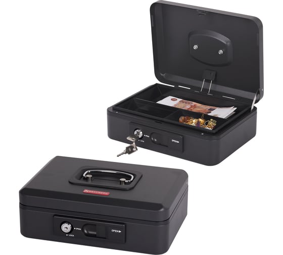 Ящик для денег, ценностей, документов BRAUBERG 90х180х250 мм, ключевой замок и автолок, черный 291353 1