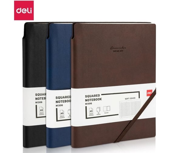 Блокнот DELI en130g а5, 96 л, 80 гм, мягкая обложка, клетка 5x5 мм, черный, кожа (13623) 1741982