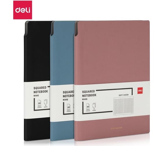 Блокнот DELI en141g а5, 112 л, 80 гм, мягкая обложка, клетка 5x5 мм, черный, кожа (13623) 1741986