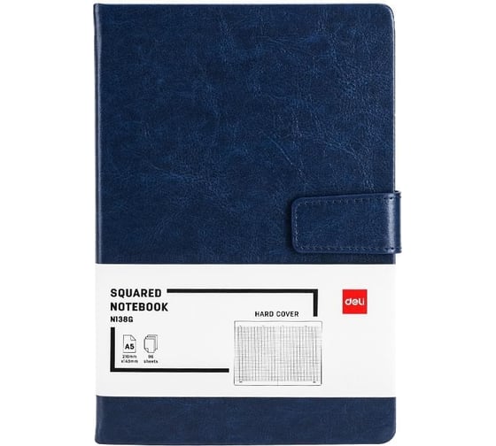 Блокнот DELI en138g а5, 96 л, 80 гм, твердая обложка, магнит, клетка 5x5 мм, синий, кожа (13623) 1741984