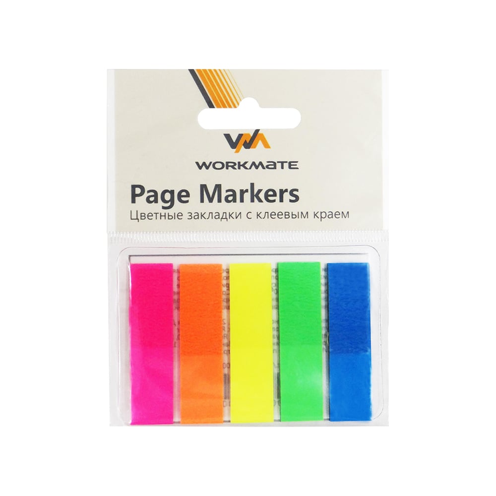 Закладки WORKMATE клейкие, пластиковые, 12x45 мм, 5 неоновых цветов по ...