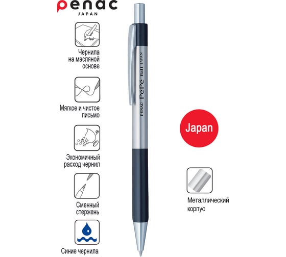 Автоматическая шариковая ручка Penac pepe, 0.5 мм, синяя, корпус металл/черный BB0502-06F/B