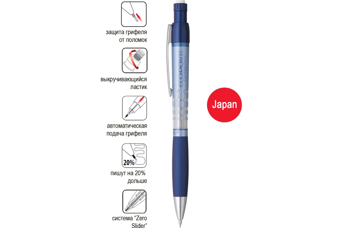Механический карандаш Penac ecopoint корпус синий, 1 картридж (12 грифелей  0.7 мм, нв и 1 ластик 4 см), 2 сменных ластика, в блистере SC2702-03-CP