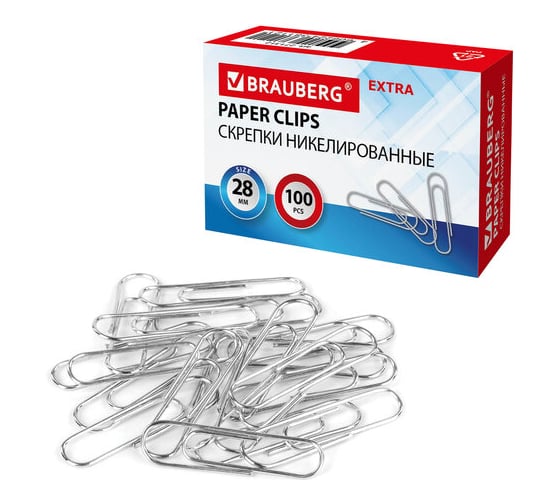 Скрепки BRAUBERG Extra 28 мм никелированные 100 штук 271312