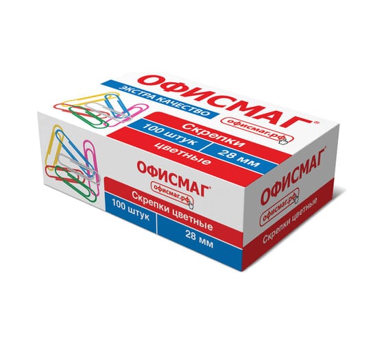 Скрепки ОФИСМАГ Экстра 28 мм цветные 100 штук 271316 1