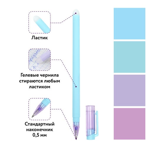 Стираемая гелевая ручка ЮНЛАНДИЯ Лимонад, синяя, прорезиненный корпус ассорти, узел 0,5 мм, 0,35 мм 143654