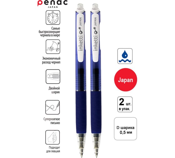 Гелевая автоматическая ручка Penac inketti 0.5 мм, синяя, 2 шт. в блистере BA3601-03EF/2B