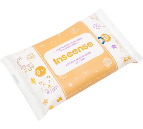 Влажные салфетки для детей INSEENSE 20 шт, с экстрактом ромашки и витамином Е InsSRE20