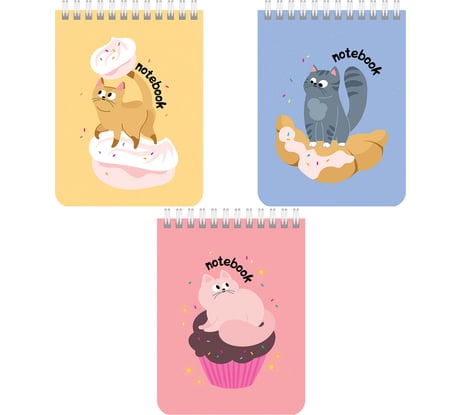 Блокнот Малый Формат 108x145 мм А6 BRAUBERG, 40 листов, гребень, картон, клетка, Kids, Котики 6 шт 114396