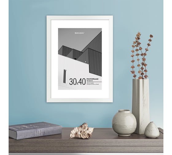 Рамка BRAUBERG 30x40 см с паспарту 21x30 см, небьющаяся, багет 20 мм, пластик, new age, белая 391278