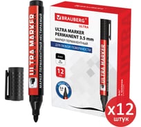 Перманентный маркер BRAUBERG черный ultra marker, выгодный комплект 12 штук, 3.5 мм 880745