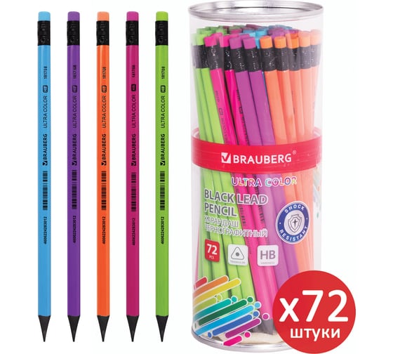 Чернографитный карандаш BRAUBERG hb с ластиком, ultra color, выгодный комплект 72 штуки 880762 1