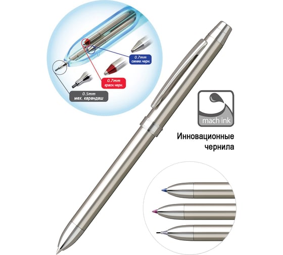 Многофункциональная ручка Penac ele-ss: 2 стержня синего и красного цветов 0,7мм + механический карандаш 0,5мм нв, ластик, цвет корпуса: серебристый, в подарочном футляре TF1601SS-GC10