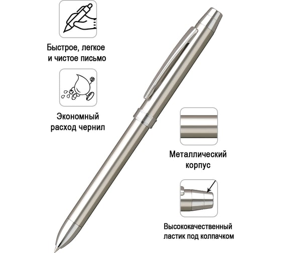 Многофункциональная ручка Penac ele-ss: 2 стержня синего и красного цветов 0,7мм + механический карандаш 0,5мм нв, ластик, цвет корпуса: серебристый, в подарочном футляре TF1601SS-GC10