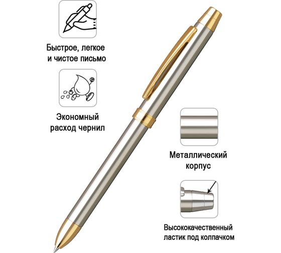 Многофункциональная ручка Penac ele-ss: 2 стержня синего и красного цветов 0,7 мм + механический карандаш 0,5мм нв, ластик, цвет корпуса: серебристо-золотистый, в подарочном футляре TF1602SG-GC10