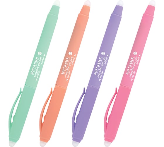 Стираемая гелевая ручка с грипом BRAUBERG soft silk pastel, синяя, комплект 4 штуки, узел 0.7 мм 880736