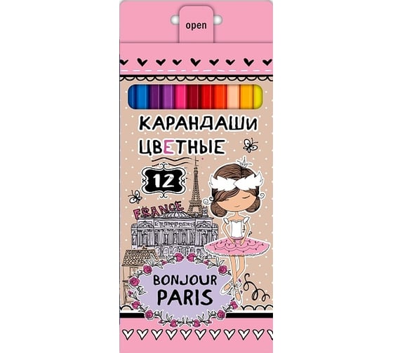 Цветные карандаши Hatber VK 12 цв., Bonjour Paris 055763 1