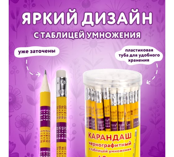 Чернографитный карандаш ЮНЛАНДИЯ hb с ластиком, таблица умножения, комплект 48 штук 880765