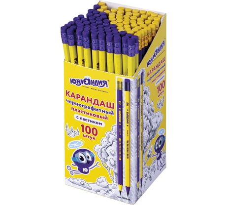 Чернографитный карандаш ЮНЛАНДИЯ hb с ластиком, нв, комплект 100 штук, корпус ассорти 880434