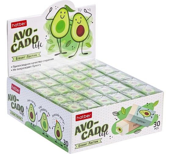 Ластик Hatber PVC, Avocado, прямоугольный, 30 шт. 067947