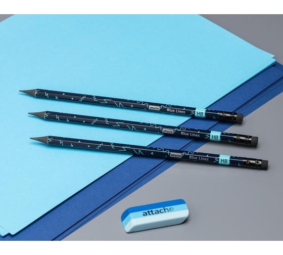 Чернографитный карандаш Attache Blue lines HB, ластик, шестигранный, черный пластик, 48 шт. в упаковке 1706377
