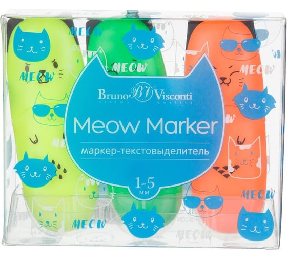 Набор текстовыделителей Bruno Visconti bv meow marker неон желтый, зеленый, оранжевый, 3 шт. 1768826