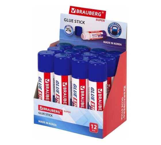 Клей-карандаш BRAUBERG SUPER усиленный, 21 г, комплект 12 шт. 880233
