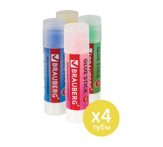 Клей-карандаш BRAUBERG COLOR Crystal 15 г, комплект 4 штуки, прозрачный 880113