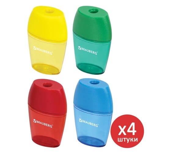 Точилка с контейнером BRAUBERG Diamond комплект 4 штуки, пластиковая, корпус ассорти 880770 1