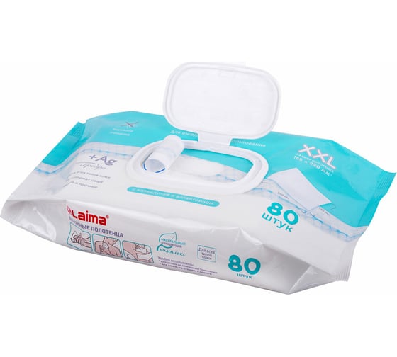 Влажные полотенца LAIMA большие XXL, 16.5x25 см, с аллантоином и коллоидным серебром, 80 шт. 115222