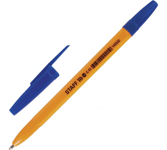 Шариковая ручка Staff ORANGE C-51 синяя, комплект 50 штук, линия письма 0.5 мм 880157