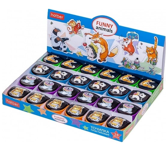 Точилка Hatber Funny animals Пластиковая Цветная с контейнером в картонной Дисплей-витрине, 24шт. 055629