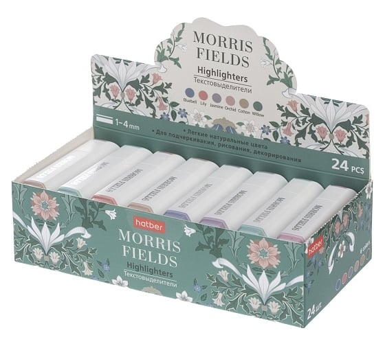 Текстовыделитель Hatber Morris Fields 1мм/5мм ассорти 6 цветов 24 шт. в картонной коробке, 24шт. 075236