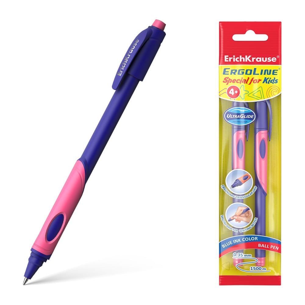 Шариковая ручка ErichKrause ErgoLine Kids Stick&Grip Neon Ultra Glide ...