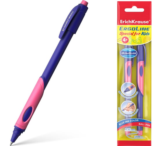 Шариковая ручка ErichKrause ErgoLine Kids Stick&Grip Neon Ultra Glide Technology, цвет чернил синий, розовая грип-зона, 2 шт. в упаковке 58526 1