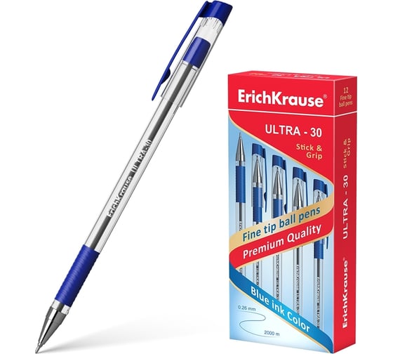 Шариковая ручка ErichKrause ULTRA-30 Stick&Grip Classic, цвет чернил синий, 12 шт. в упаковке 19613 1