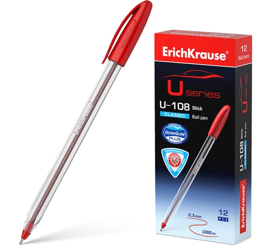 Шариковая ручка ErichKrause U-108 Stick Classic 1.0, Ultra Glide Technology, цвет чернил красный, 12 шт. в упаковке 53737 1
