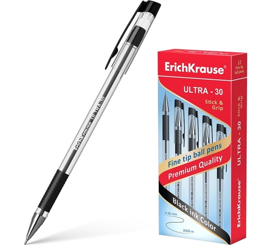 Шариковая ручка ErichKrause ULTRA-30 Stick&Grip Classic, цвет чернил черный, 12 шт. в упаковке 19614