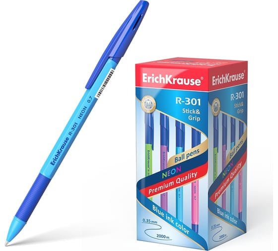 Шариковая ручка ErichKrause R-301 Stick&Grip Neon 0.7, цвет чернил синий, 50 шт. в упаковке 42751