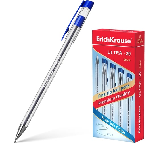 Шариковая ручка ErichKrause ULTRA-20 Stick Classic, цвет чернил синий, 12 шт. в упаковке 13875