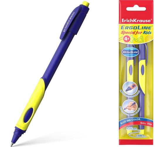 Шариковая ручка ErichKrause ErgoLine Kids Stick&Grip NeonUltra Glide Technology, цвет чернил синий, желтая грип-зона, 2 шт. в упаковке 58524 1